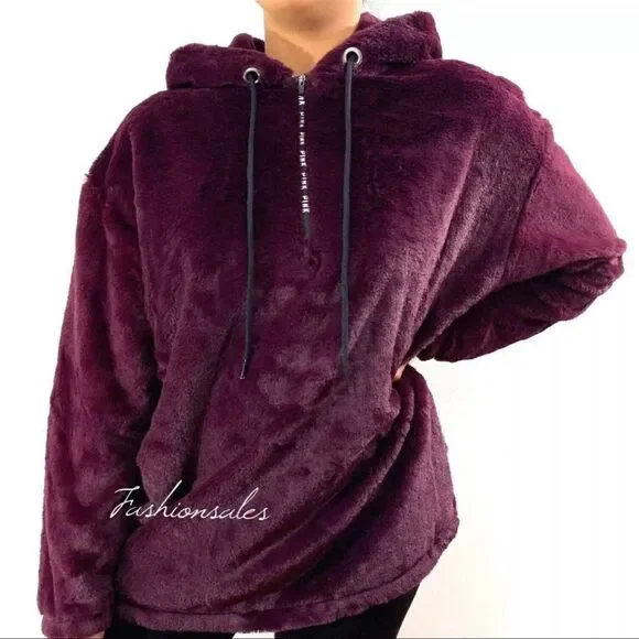 Victorias Secret Pink Faux Fur Campus Hoodie Cozy Supersoft Pullover Jacket Kir - Picture 6 of 6